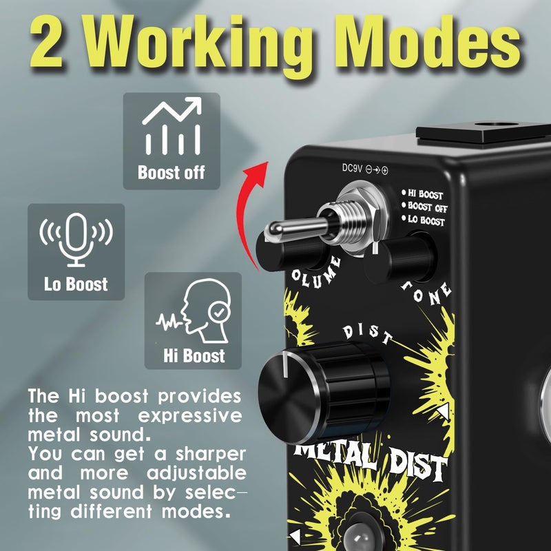 AFOT Vintage Distortion Pedal, Metal Distortion Pedal 3 Working Modes, Warm Smooth Wide Range of Vintage Distortion Sound, Mini Effect Pedal True Bypass - Image 3